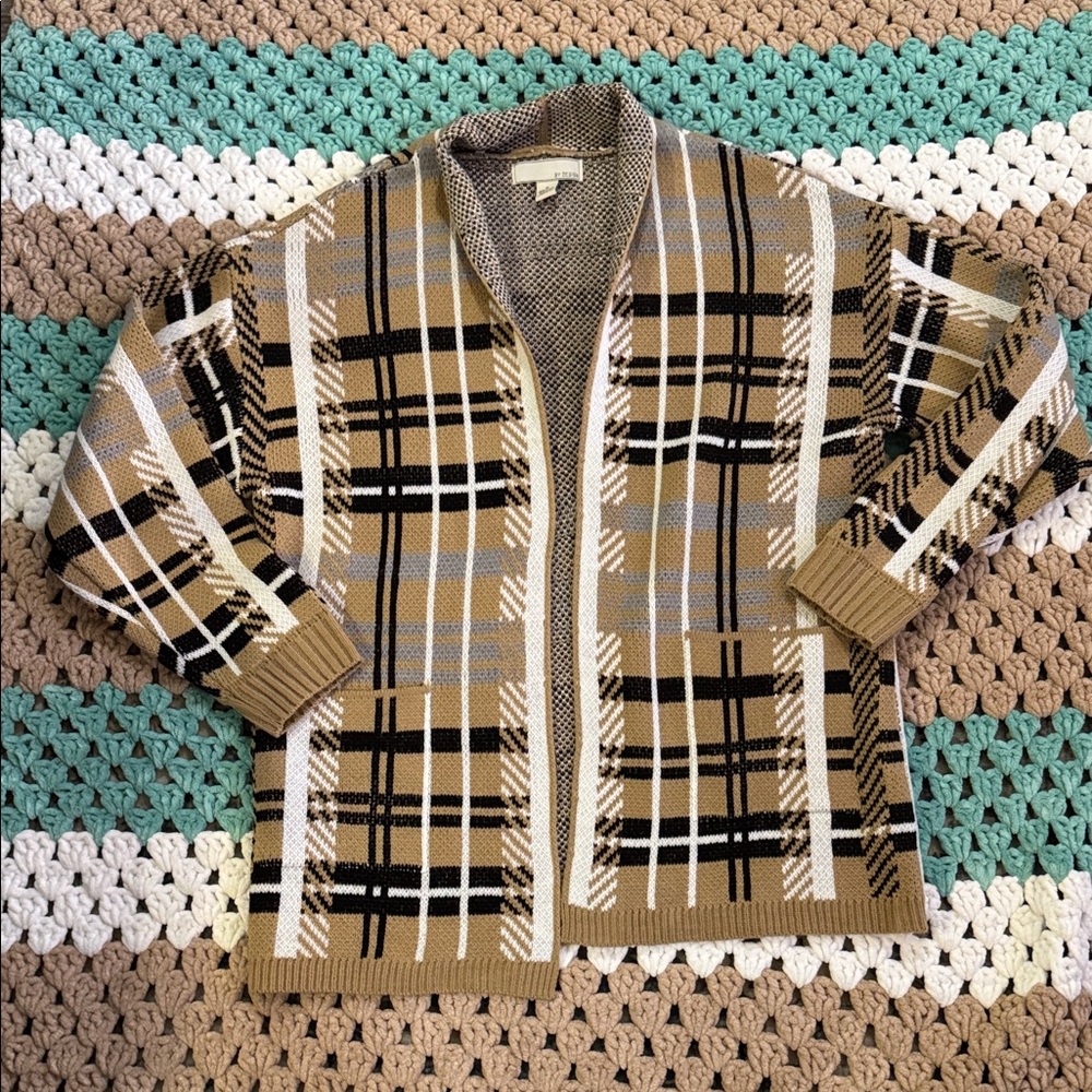 Tan Black White Plaid Oversized Open Cardigan Sweater Mens sz Medium